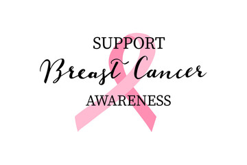 Support Breast Cancer Awareness hand lettering with pink ribbon vector 