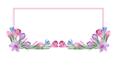 watercolor flower arrangement, frame, wreath with bouquets of spring crocuses