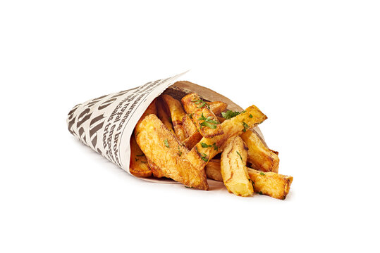French fries in in newspaper cone on white