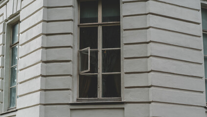 Close up of big windows of manor. Texture of windows of historic white Palace.