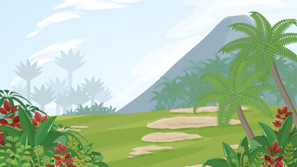 恐竜時代の植物のある風景_ジュラ紀白亜紀_背景イラスト_16:9 © ふわぷか