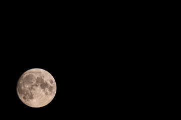 Beautiful full Moon of August, August's Sturgeon Supermoon in a summer night. Moon below, on the left side and empty space on the right side for writing 