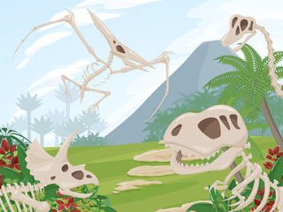 恐竜の化石と先史時代の植物の風景_ジュラ紀白亜紀_背景イラスト © ふわぷか