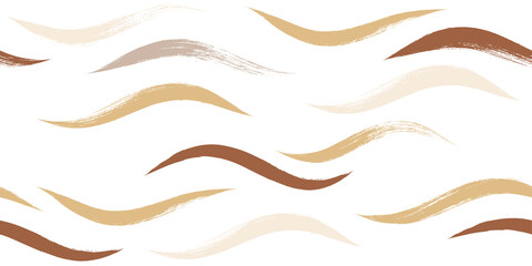 Seamless Wave Pattern, Hand drawn autumn sea modern vector background. Wavy beach brush stroke, curly grunge paint lines, fall watercolor illustration