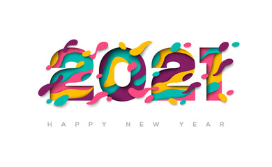2021 Happy New Year greeting card with 3d abstract paper cut shapes on white background. Vector illustration.