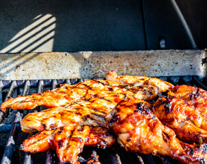 BBQ sauced Chicken legs and breasts on the grill. Calgary, Alberta, Canada