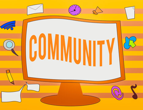 Text sign showing Community. Business photo text group of showing with a common characteristics living together Web Application Software icons Surrounding Blank Mounted Computer Monitor