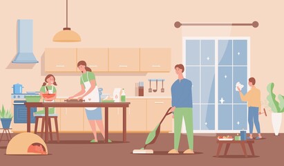 Happy family spending the weekend together at home vector flat illustration. Young woman and daughter cooking at the kitchen, father and son clean up the flat. Modern interior design.