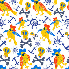 Colorful vector seamless pattern illustration of pirate birds, anchor and skulls
