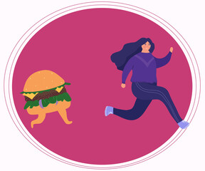Fototapeta na wymiar A woman is running from a hamburger. Getting rid of obesity. A woman wants to lose weight. Vector illustration.