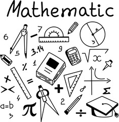 Set of doodles with mathematical elements, protractor, ruler, pencils compasses school math lesson. Vector illustration with icons