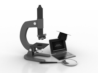 3d rendering Microscope with lens near graduate cap in laptop