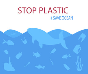 Eco-friendly poster. Protecting the ocean from plastic. A whale is made of plastic. Vector illustration.