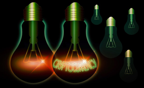 Writing note showing Cryptocurrency. Business concept for form of currency that exists digitally has no central issuing Realistic colored vintage light bulbs, idea sign solution