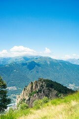 panorama from the top of mount mottarone in italy with a view of the valley below