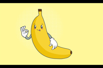 DUMB, FUNNY, TONGUE, cheerful Face Emotion. Nice Hand Gesture. Banana Fruit Cartoon Drawing Mascot Illustration.