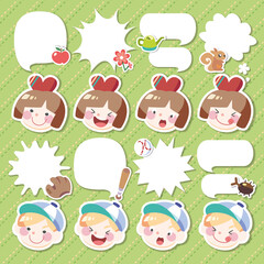 Cute label set with boy and girl. vector illustration.