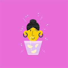 Young female drinking citrus fruit smoothie. Healthy lifestyle vector illustration. Boost your immune system