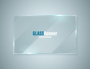 Glass frame. Realistic glossy transparent glass banner with glare. Vector design element.