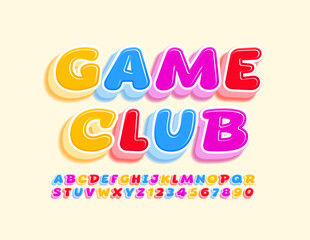 Vector playful emblem Game Club. Cartoon style Font. 3D colorful Alphabet Letters abd Numbers