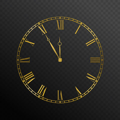 Mechanical golden wall clock. Luxury elegant round clock dial plate with roman numerals, Five to twelve holiday countdown vector illustration isolated on white background