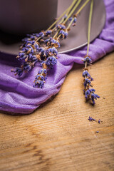 Cup of lavender tea and lavender flowers. Organic lavender tea.