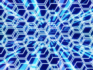 Abstract neon honeycombs and glow neon lines and stripes. Modern background. 3d render