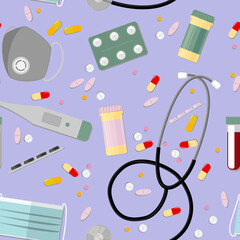 Seamless pattern of medicines on a purple background