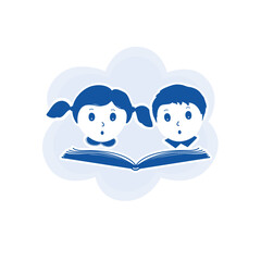 Happy boy and girl read books, black silhouette isolated on white background. Vector illustration.