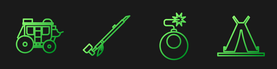 Set line Bomb ready to explode, Western stagecoach, Native American indian smoking pipe and Indian teepee or wigwam. Gradient color icons. Vector. © Vadim