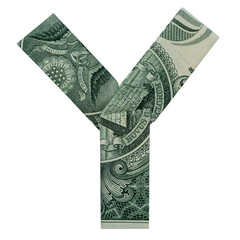 Money Origami LETTER Y Character Folded with Real One Dollar Bill Isolated on White Background