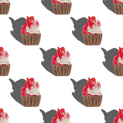 Seamless pattern big cupcakes silhouettes, muffin sweet white cake on white background top painted with gouache. Texture with sweets for desktop wallpaper or culinary blog website. junk food concept