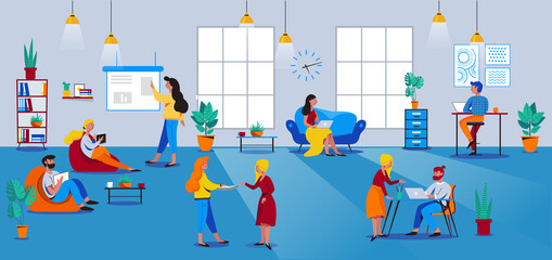 Fototapeta premium location two with People working in open space workplace. Coworking, freelance, teamwork, interaction, idea, independent activity concept. Vector illustration on blue background