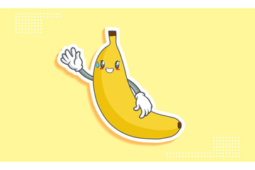 NERVOUS, PHEW, DISAPPOINTED, RELIEVED Face Emotion. Waving Hand Gesture. Banana Fruit Cartoon Drawing Mascot Illustration.