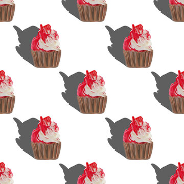 Seamless pattern big cupcakes silhouettes, muffin sweet white cake on white background top painted with gouache. Texture with sweets for desktop wallpaper or culinary blog website. junk food concept