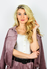 Fototapeta premium Fits perfect. street style concept. autumn fashion trend. beautiful female clothing. woman trendy fashion clothes. Refresh your wardrobe. casual office clothing. Fashion portrait pretty woman