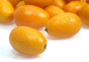 KUMQUAT fortunella margarita AGAINST WHITE BACKGROUND