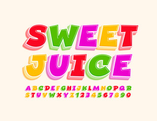 Vector colorful sign Sweet Juice. Cartoon bright Font. 3D comic Alphabet Letters and Numbers