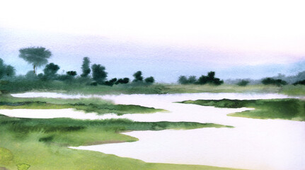 Watercolor landscape. Sunset on the lake