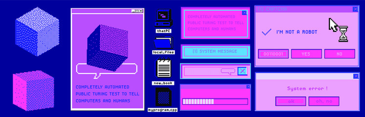 Old user interface windows, retro message box with buttons. Vaporwave and retrowave style elements. - obrazy, fototapety, plakaty
