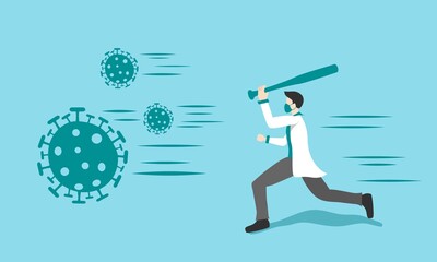 Doctor fight with coronavirus using  baseball bat. Vector illustration background design