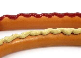 STRASBOURG SAUSAGES WITH MUSTARD AND KETCHUP AGAINST WHITE BACKGROUND