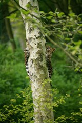 SRI LANKAN LEOPARD panthera pardus kotiya, ADULT CLIMBING TREE TRUNK, CAMOUFLAGED