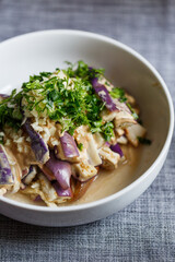 Chinese cold dish appetizer eggplant with garlic and sesame seed sauce 