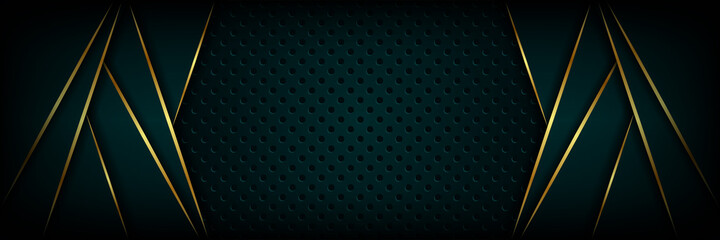 Abstract luxury geometric green with gold lines background vector design template . Premium Graphic design element with golden frame