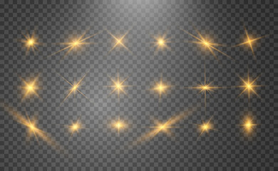 Set of gold bright beautiful stars. Light effect Bright Star. Beautiful light for illustration. Christmas star. White sparks sparkle with a special light. Vector sparkles on transparent background