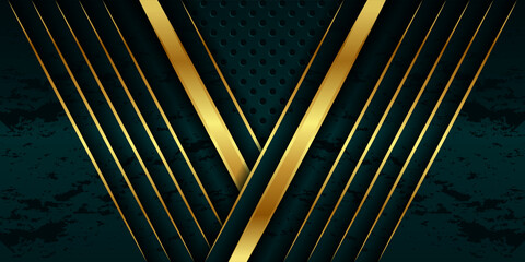 Abstract luxury geometric green with gold lines background vector design template . Premium Graphic design element with golden frame