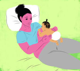 Illustration of a mother breastfeeding baby in the laid back position