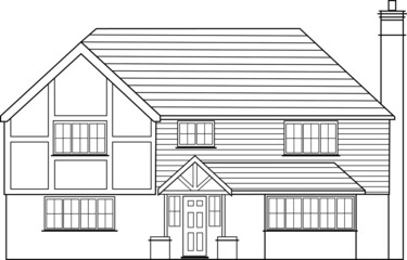 Vector line art drawing of a modern detached house, suitable for use as an image on a real estate agent's or property developer' business card.