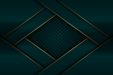 Abstract luxury geometric green with gold lines background vector design template . Premium Graphic design element with golden frame
